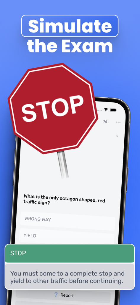 Écran de l'application G1 Driving Test Ontario montrant une simulation d'examen avec une question sur un panneau stop octogonal rouge.