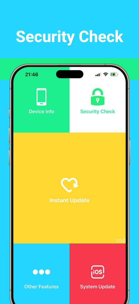 Painel principal do aplicativo Gerenciador de Atualizações de Apps mostrando blocos para verificação de segurança, informações do dispositivo e atualizações de sistema