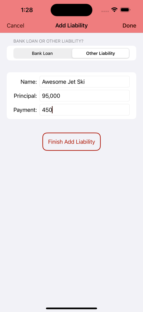 Cashflow Balance Sheet - Screenshot of the Add Liability screen in the Cashflow Balance Sheet app showing fields for name principal and payment for a jet ski
