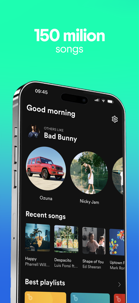Interface do eBeat MP3 Music Player no iPhone mostrando 150 milhões de músicas e playlists