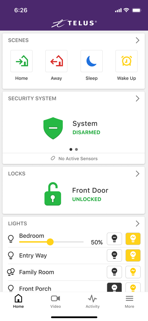 Main dashboard of the TELUS SmartHome app displaying smart scenes, security system status, front door lock controls, and smart light settings.