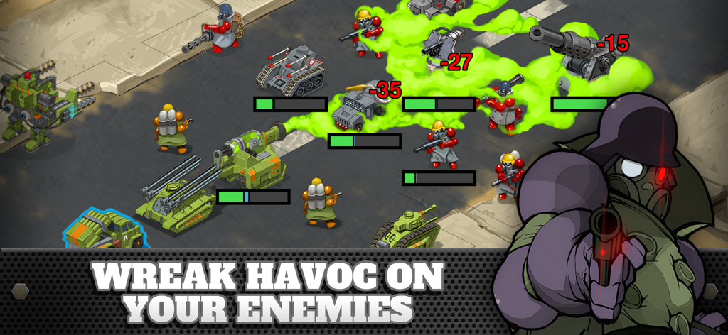 Tactical combat scene in Battle Nations showing soldiers and tanks attacking with green gas