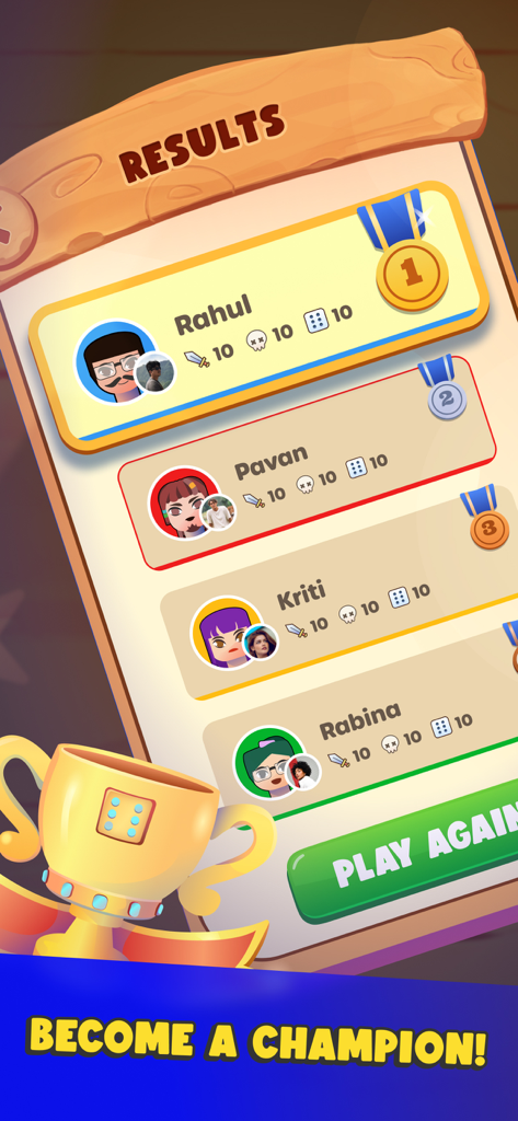 Ludo Legend by Bhoos - Pantalla de resultados del juego Ludo Legend que muestra las clasificaciones de los jugadores con un trofeo de campeón dorado