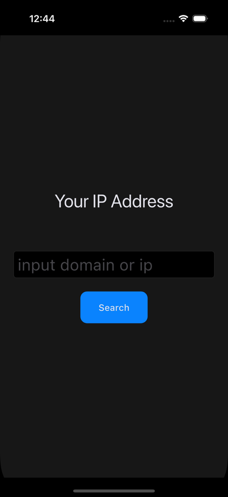 whois - Eine minimalistische Suchmaske der whois-App mit Eingabefeldern für Domain und IP-Adresse sowie einer Suchschaltfläche auf dunklem Hintergrund