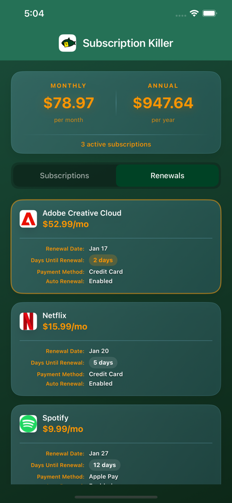 Subscription Killer - Dashboard of Subscription Killer app displaying monthly total and upcoming subscription renewal dates