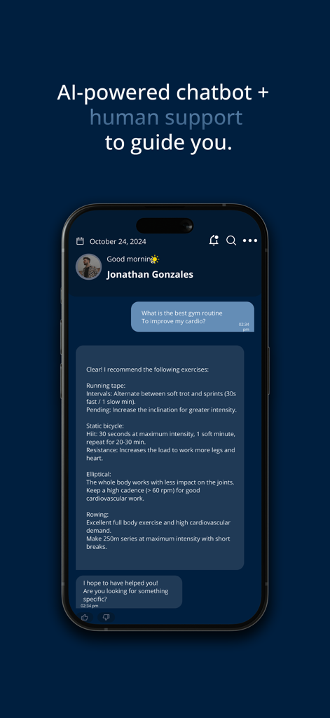 Now Me App En - AI chatbot interface in Now Me App providing personalized workout guidance and cardio routines