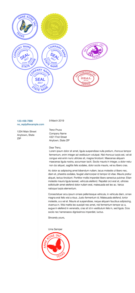 Uma coleção de vários carimbos corporativos digitais em diferentes cores e uma carta comercial com um carimbo vermelho aplicado na parte inferior