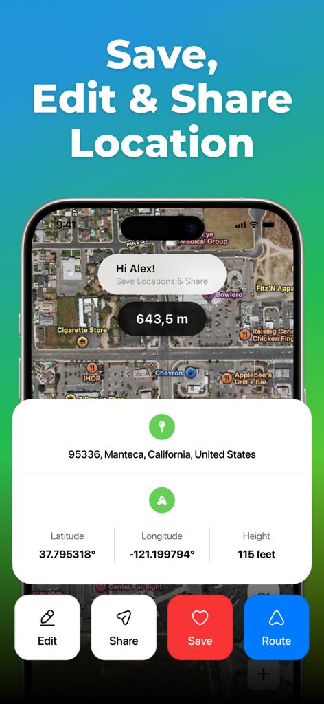 Mobile app interface displaying GPS coordinates altitude and options to save edit and share a location on a map