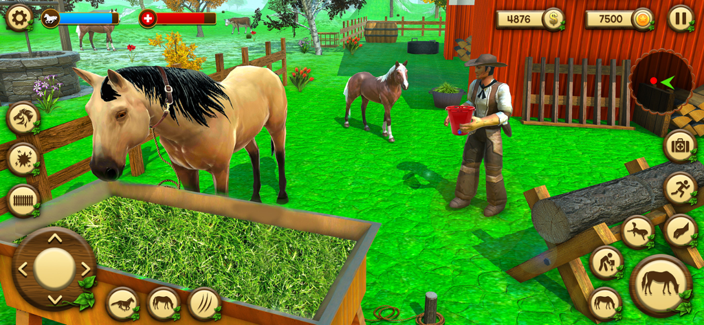 Wild Horses Game: Horse Sim 3D - A tan horse eating grass next to a farmer in a 3D ranch simulator.