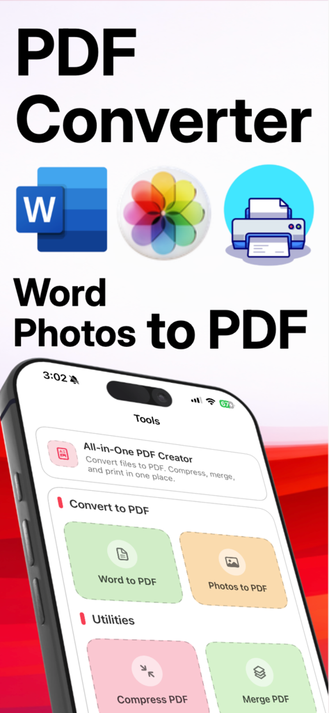 El panel principal de la aplicación PDF Converter con herramientas para la conversión de Word a PDF y de Fotos a PDF.