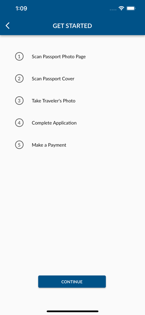 ESTA Mobile - ESTA Mobile app onboarding screen showing five steps to apply for travel authorization including passport scanning and photo