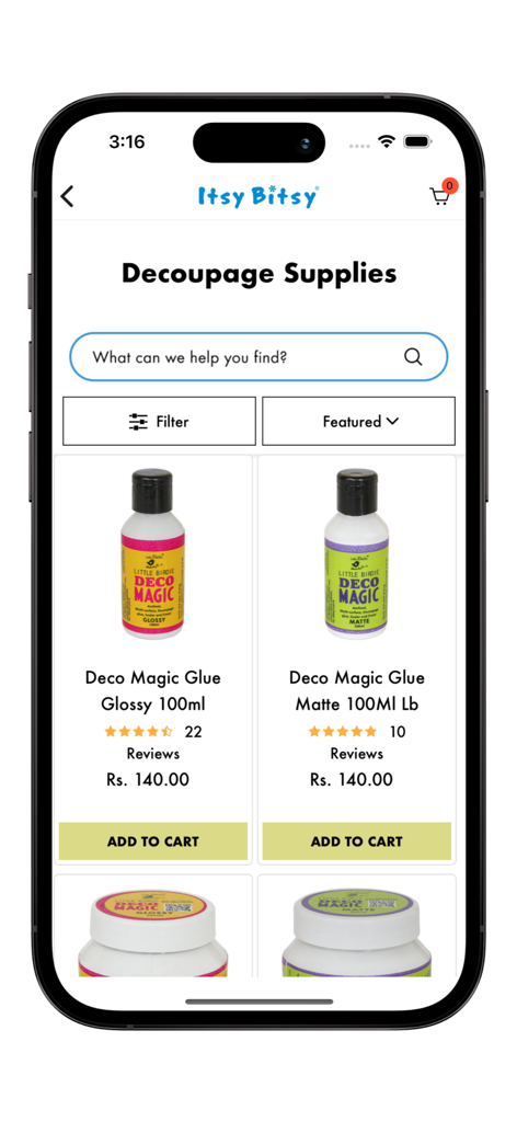 Itsy Bitsy app screen showing decoupage supplies including glossy and matte deco magic glue