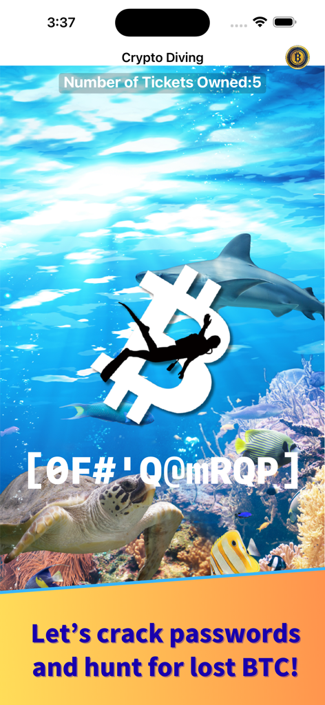 Interfaz del juego CryptoDiver que muestra un tema submarino con un tiburón y una tortuga y el texto "Vamos a descifrar contraseñas y cazar BTC perdidos"