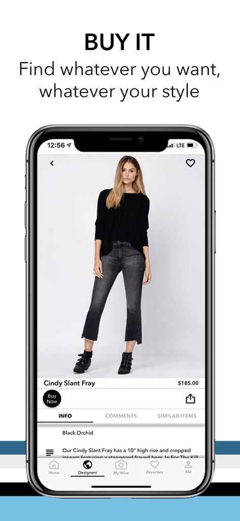 A product page on the FashWire app showing a fashion outfit with a buy now option