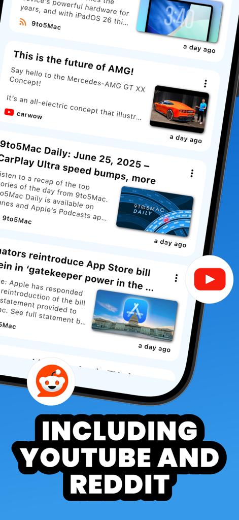 A mobile news feed showing articles alongside YouTube videos and Reddit posts in the RSS Reader app.