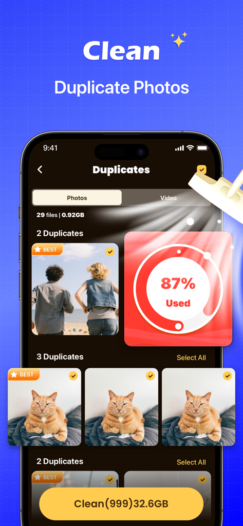 Boost Cleaner: Freeup Storage - App interface for identifying and deleting duplicate photos to free up storage
