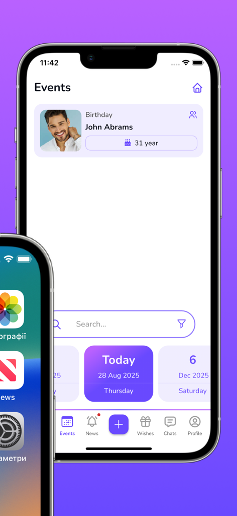 Wishlist Planner - WishSpace - WishSpace app interface showing birthday events and date calendar.