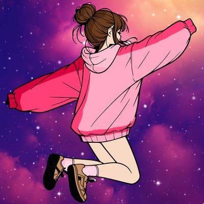 realistic girl jumping with a bun and oversized sweatshirt