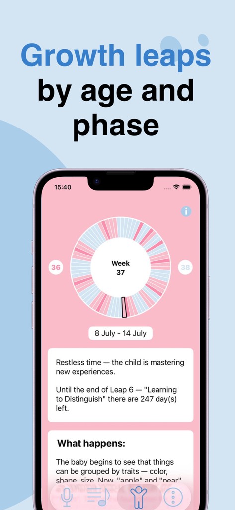 WeepAdvisor App-Oberfläche zeigt Baby-Wachstumsschübe und Entwicklungsmeilensteine nach Woche an.