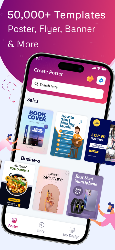 AI Flyer Maker + Poster Maker - Interface of the AI Flyer Maker app showing a collection of design templates for posters flyers and business marketing