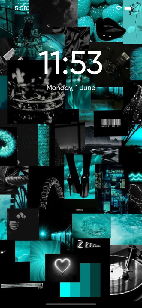 Fondo de pantalla collage estético en verde azulado con tema preppy VSCO en una pantalla de bloqueo de iPhone