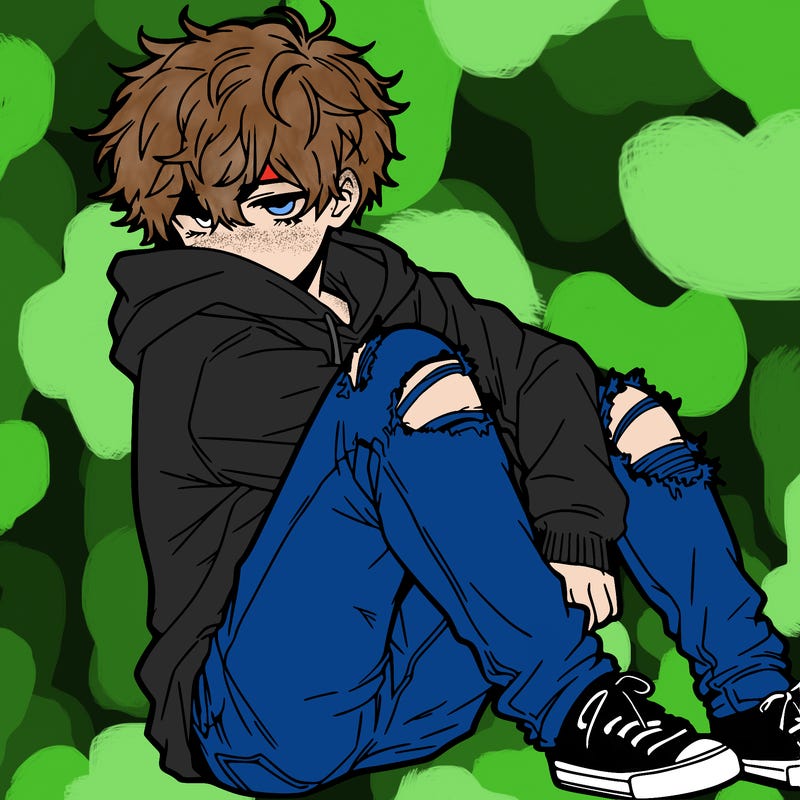 a male hoddie ripped jeans messy hair anime
