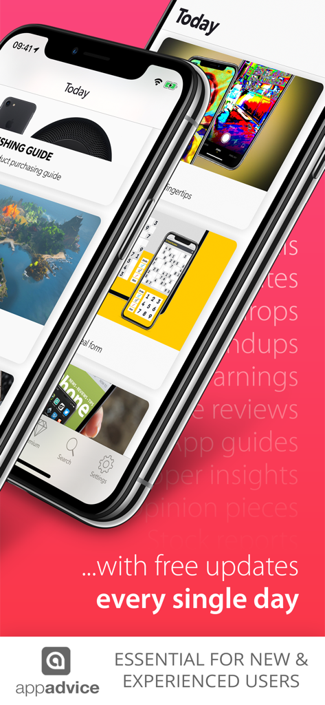 Tips & Tricks Pro - for iPad - Two iPhones displaying the daily feed of the Tips and Tricks Pro app with various tech guides and news articles