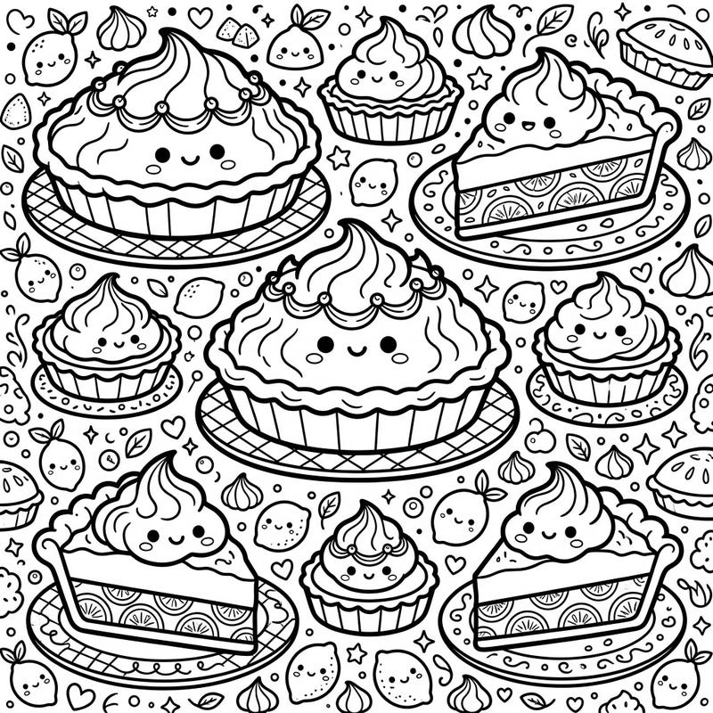 Get ready for a super cute coloring session with this adorable Kawaii Lemon Meringue Pies design. Featuring charmingly sweet treats, it's a delightful way to add a splash of color to your day.