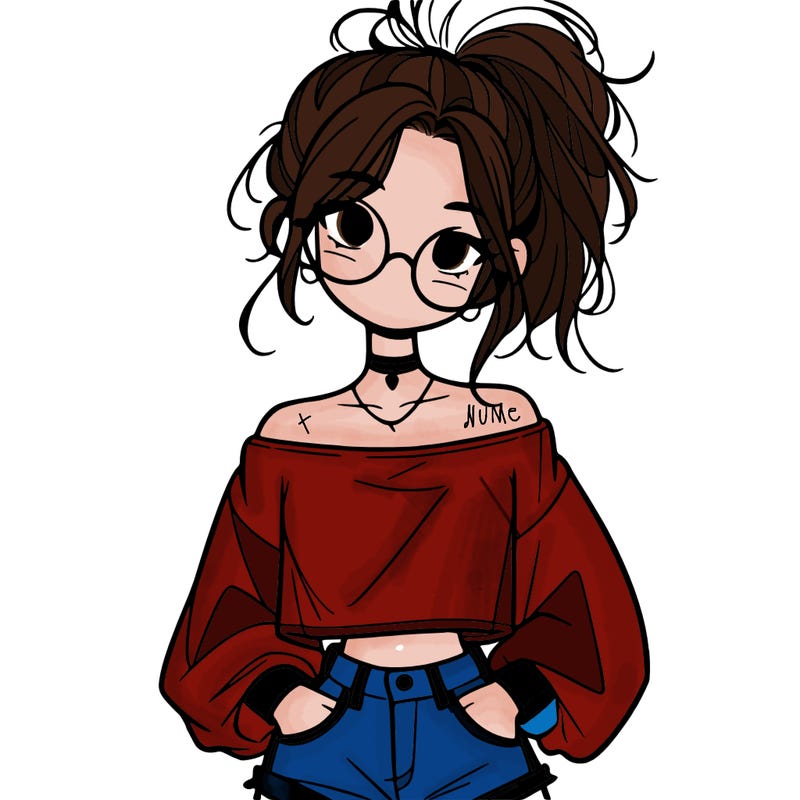 girl with a messy ponytail glasses a baggy crop top and jean shorts