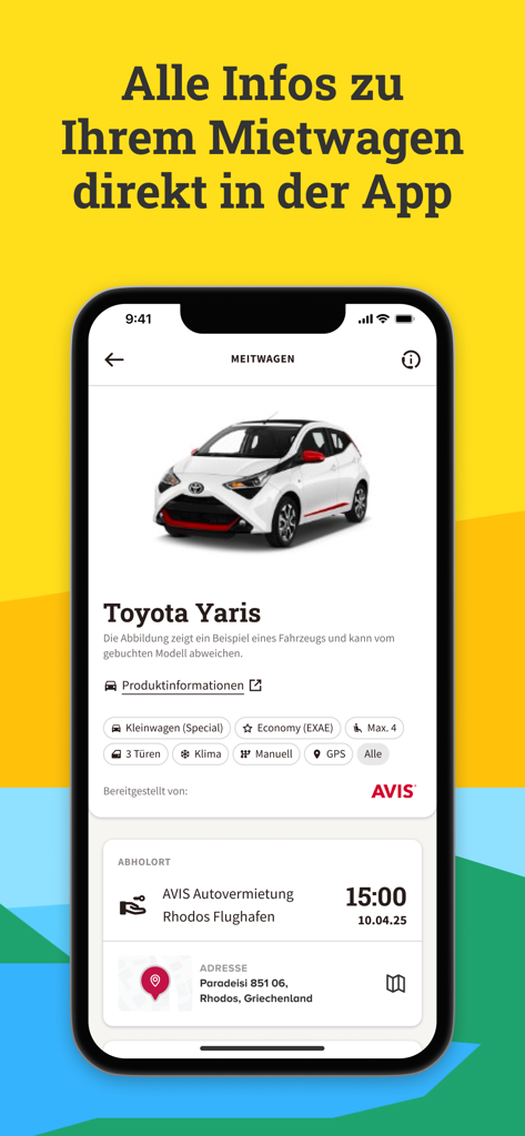 Détails de la voiture de location pour une Toyota Yaris dans l'application de voyage MyDERTOUR