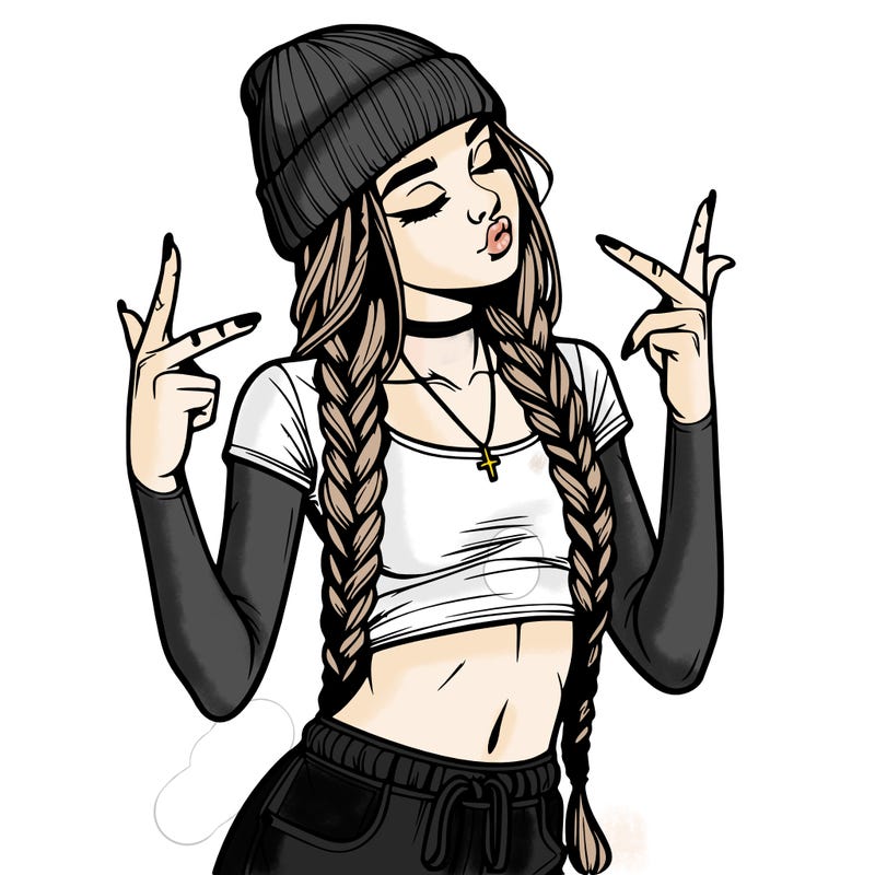 realistic teenage girl with braids and a beanie and crop top doing 🫶🏼