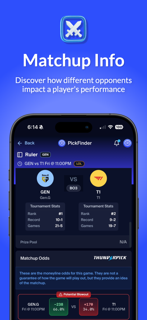 Esports matchup information and betting odds for a League of Legends match on PickFinder app