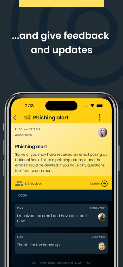 TeamAlert mobile app interface showing a phishing alert with real time employee feedback and updates