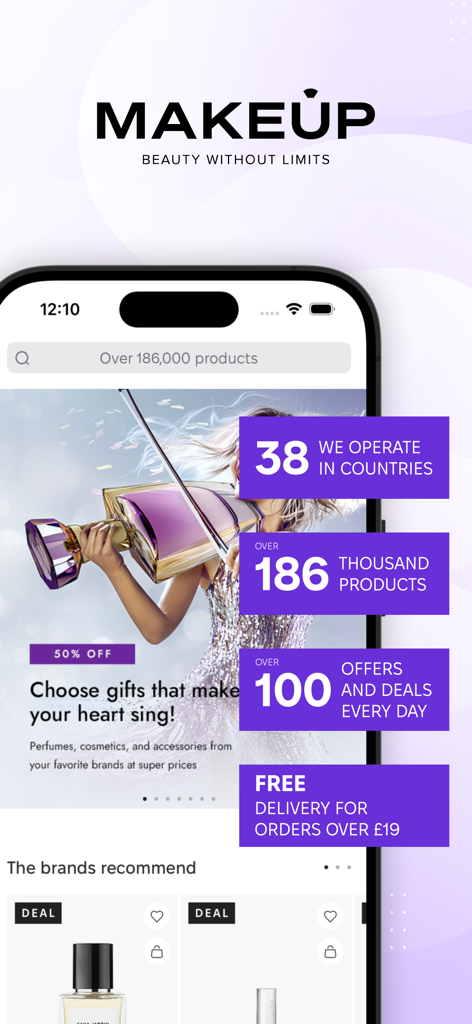 Écran d'accueil de l'application MAKEUP présentant des produits de beauté et des offres promotionnelles
