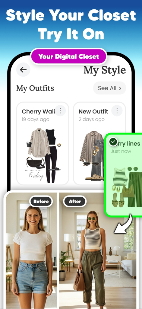 Combyne & Ai Try On - WearUp! - A digital closet interface and AI virtual try on feature showing before and after outfit results