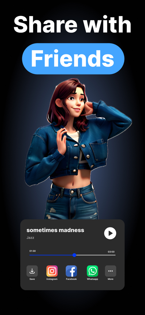 TuneLab AI: Song Generator - TuneLab AI app screen showing a jazz song titled sometimes madness with social media sharing buttons for Instagram and Facebook