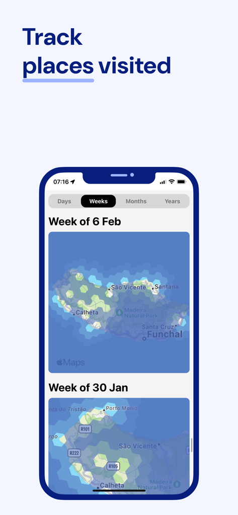 Been & Done Travel Journal Map - iPhone-Bildschirm der Been and Done App zeigt eine sechseckige Karte, die den Reiseverlauf pro Woche verfolgt