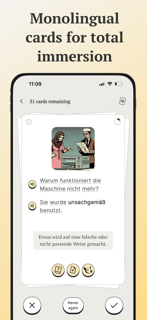 Vocabuo - Language Vocabulary - Vocabuo app monolingual German flashcard showing a target language definition for language immersion.