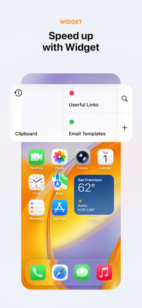 Paste – Limitless Clipboard - A visual widget of the Paste app on an iPhone home screen showing clipboard history and categorized links.