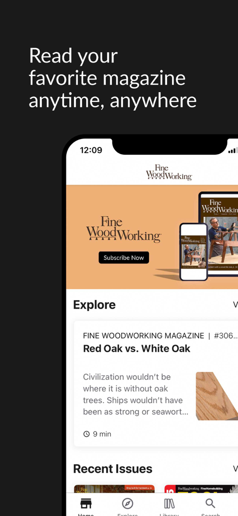 Fine Woodworking Magazine - Fine Woodworking Magazine mobile app interface showing the Explore section with an article titled Red Oak vs White Oak and a subscription banner