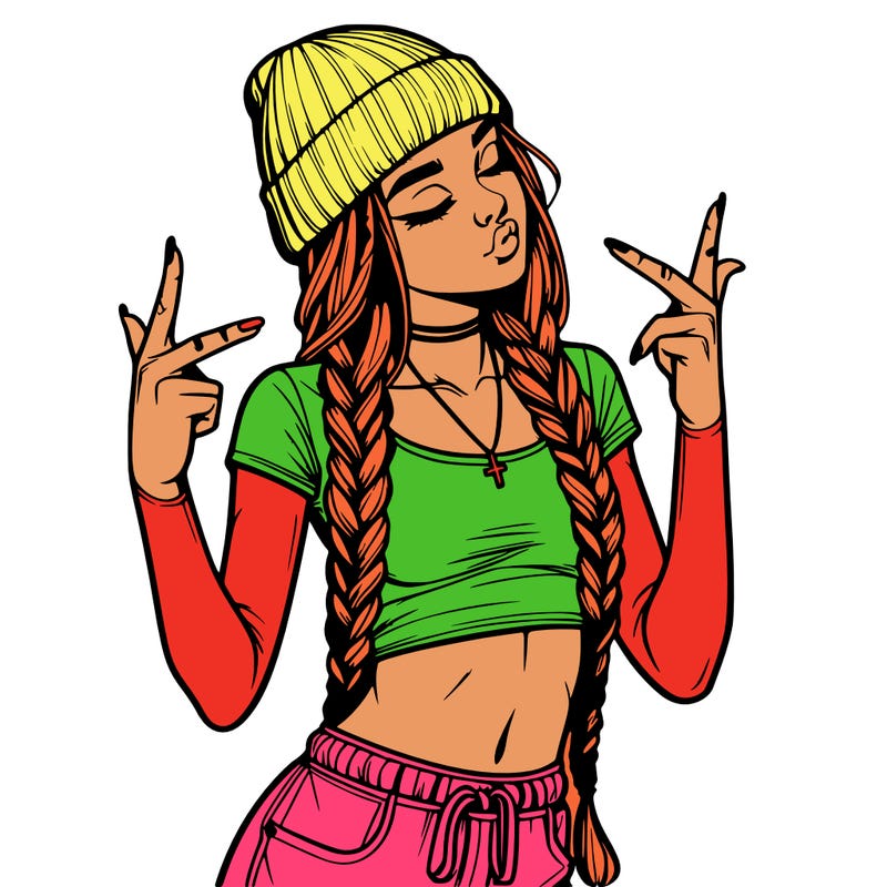 realistic teenage girl with braids and a beanie and crop top doing 🫶🏼