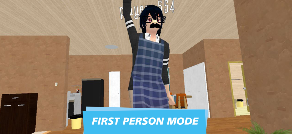 Anime Island Multiplayer: WS - Una captura de pantalla que muestra el modo en primera persona en Anime Island Multiplayer con un personaje de anime personalizado en un entorno de cocina.