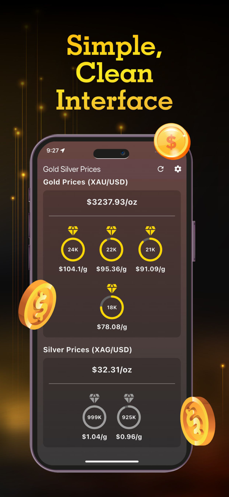 Gold Silver Prices Live - Interfaz móvil de la aplicación Gold Silver Prices Live que muestra precios en tiempo real de oro y plata en varias purezas.