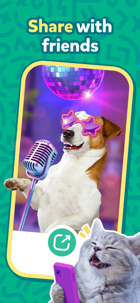 Talking Pet: Dog & Cat Talk - Un perro cantando con gafas de estrella con un micrófono y un gato riendo sosteniendo un teléfono inteligente
