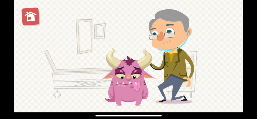 Prik! - Um médico de desenho animado examinando um monstro rosa com um estetoscópio em um cenário hospitalar.