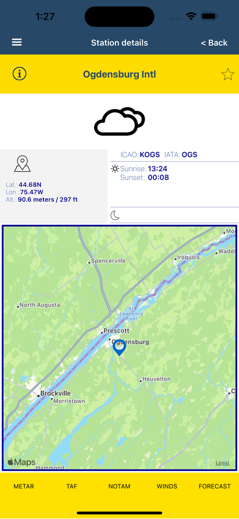 Screenshot of the station details for Ogdensburg International Airport showing coordinates, sunrise/sunset times, and a map location in the aviation weather app.