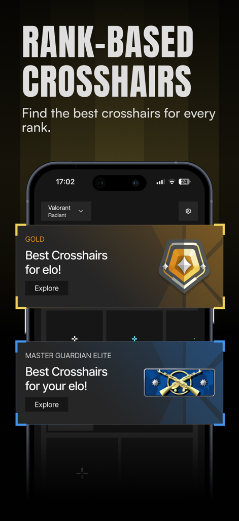 Crosshair X app screen displaying rank-based crosshair recommendations for Valorant and Counter-Strike ranks