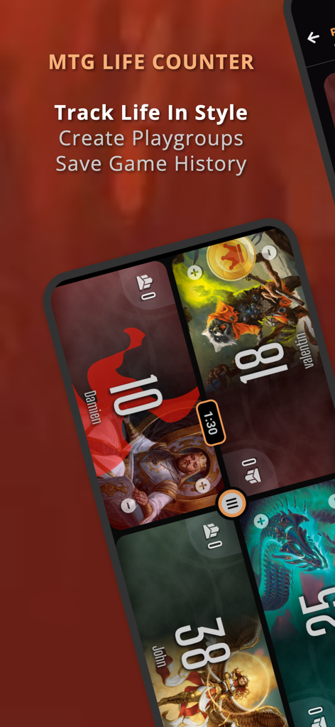 MTG Life Counter: Mythic Tools - A 4 player life tracking screen from the Mythic Tools app for Magic The Gathering with custom card art backgrounds