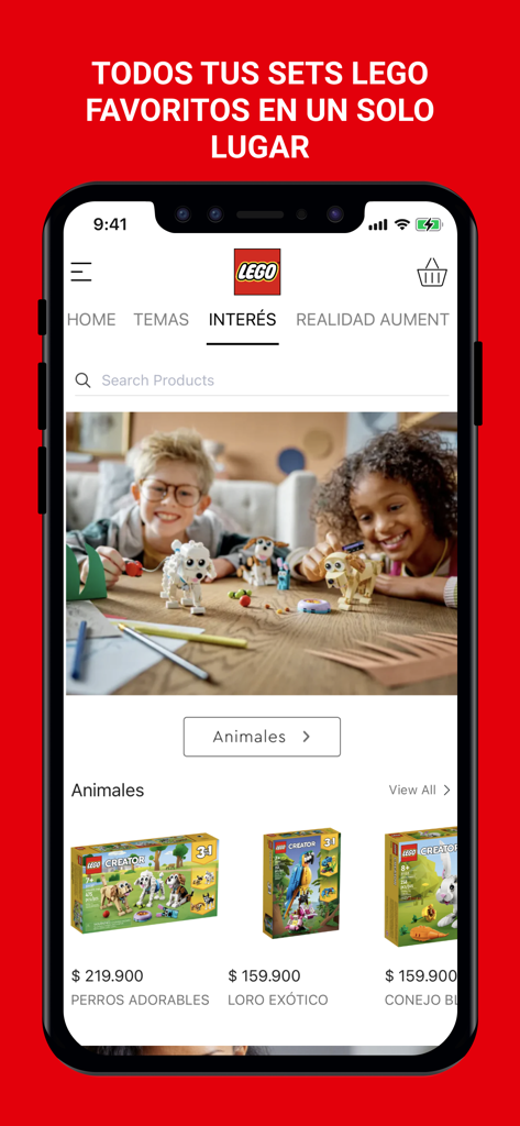 TIENDA LEGO® - Interface do aplicativo móvel da loja oficial LEGO com conjuntos de construção de animais e crianças brincando.