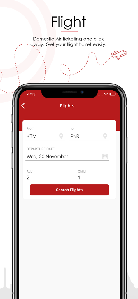PrabhuPAY - Mobile Wallet - Écran de réservation de vols intérieurs dans l'application PrabhuPAY montrant un voyage de Katmandou à Pokhara.